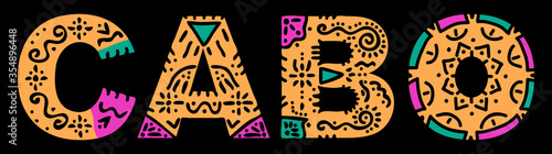 Cabo. Color isolated inscription with national ethnic ornament. Patterned red Mexican Cabo for prints on clothing, t-shirt, bag, booklet, sticker, poster, banner, flyer, card. Stock vector picture.