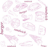 print illustration sandwiches with vegetables,fish,sausage,herbs,doodle.