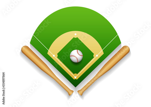Vector illustration of Baseball field with leather ball and wooden bats.