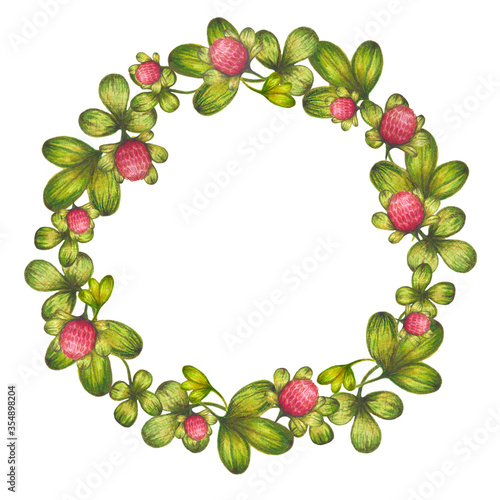 Watercolor wreath of green leaves and pink clover