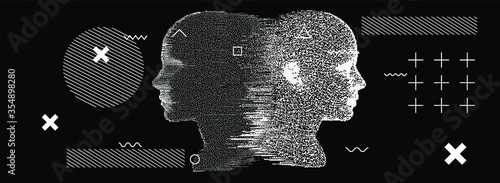 Silhouette of a human head. Conceptual image of AI (artificial intelligence), VR (virtual reality), Deep Learning  and Face recognition systems. Cyberpunk style vector illustration.