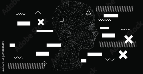 Silhouette of a human head. Conceptual image of AI (artificial intelligence), VR (virtual reality), Deep Learning  and Face recognition systems. Cyberpunk style vector illustration.