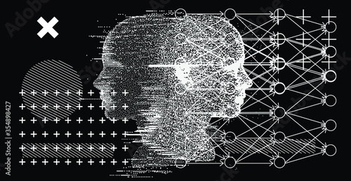 Silhouette of a human head. Conceptual image of AI (artificial intelligence), VR (virtual reality), Deep Learning  and Face recognition systems. Cyberpunk style vector illustration.