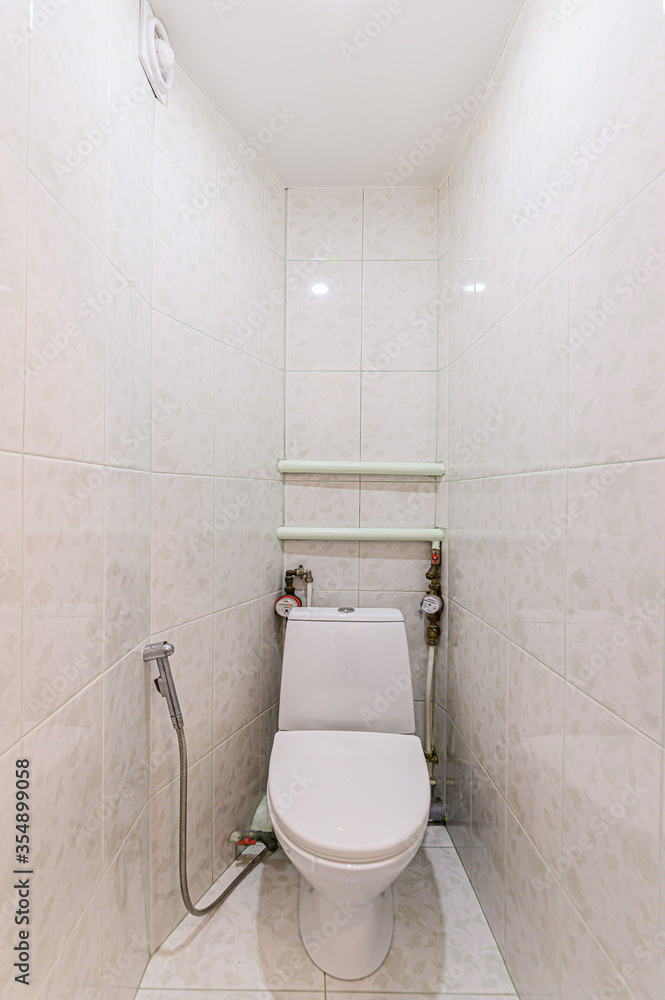 Russia, Moscow- January 27, 2020: interior room apartment modern bright cozy atmosphere. general cleaning, bathroom, sink, decoration elements, toilet Russia, Moscow- January 27, 2020: interior room apartment modern bright cozy atmosphere. general cleaning, bathroom, sink, decoration elements, toilet