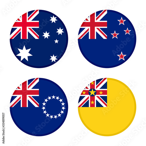 set of round icons flags. australia, new zealand, cook islands and niue flags, isolated on white background 