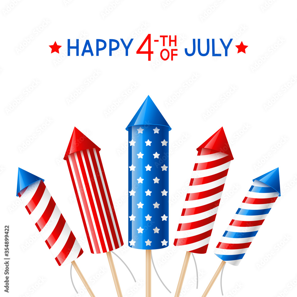 Independence day greeting card with firework rockets on white background