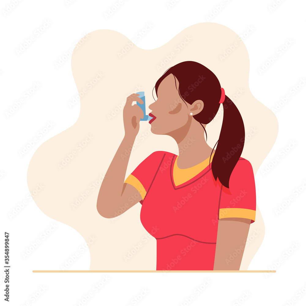 Woman uses an asthma inhaler against an allergic attack Woman uses an asthma inhaler against an allergic attack