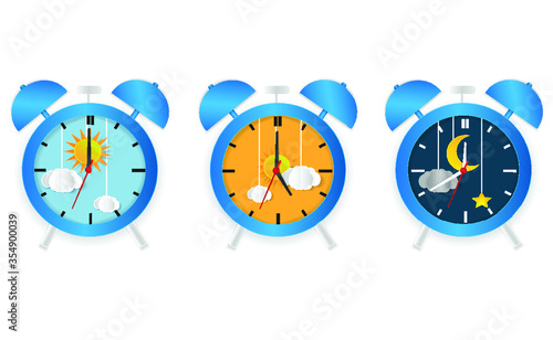 day night concept clock face vector illustration. Blue sky with clouds and sun. Moon and stars in the night