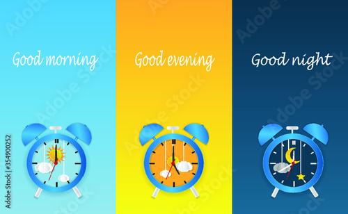 day night concept clock face vector illustration. Blue sky with clouds and sun. Moon and stars in the night