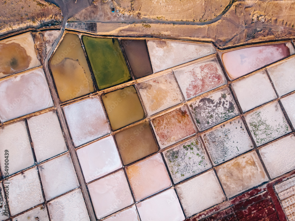Abstract aerial view of salt ponds in salt production. Lanzarote, Spain. Abstract aerial view of salt ponds in salt production. Lanzarote, Spain.