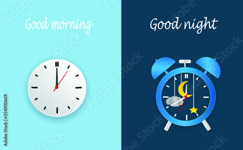 Clock with day night concept clock face vector illustration. Blue sky with clouds and sun. Moon and stars in the night