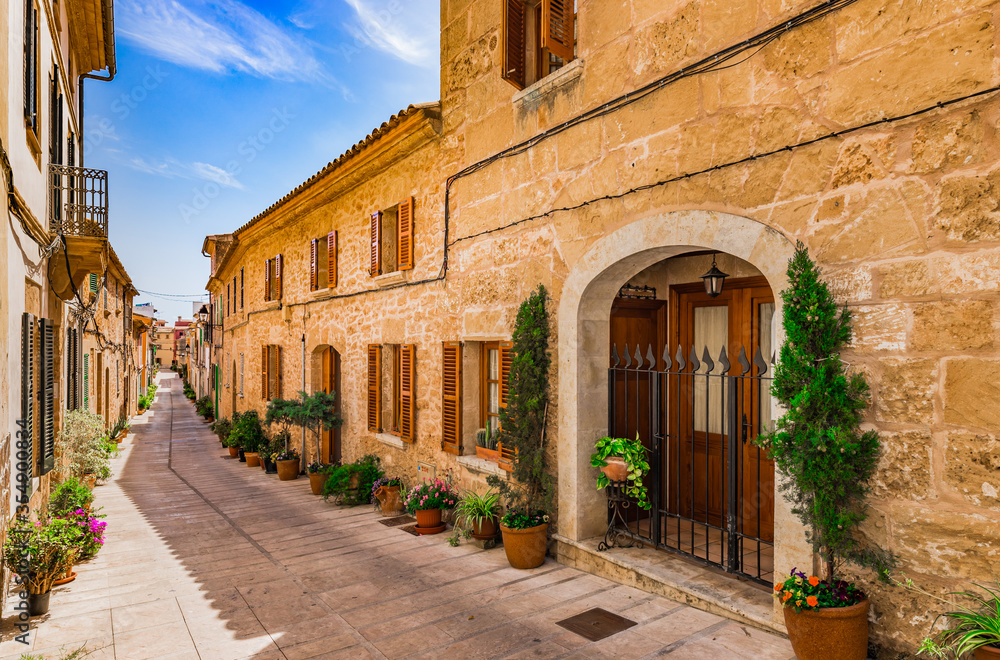 Beautiful street in the old town of Alcudia, Majorca, Spain, Balearic Islands, Mallorca, Europe