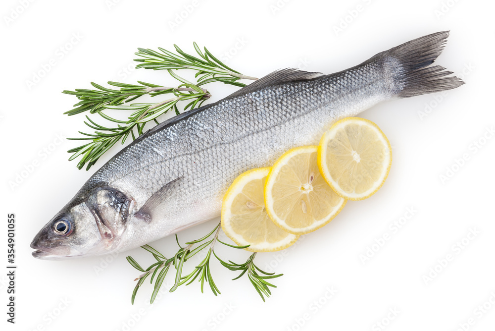 Fresh uncooked seabass with lemon and rosemary isolated on white background