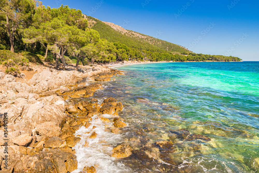 Cala Formentor beach near Cap Formentor with turquoise clear water, Majorca, Spain, Balearic Islands, Mediterranean Sea