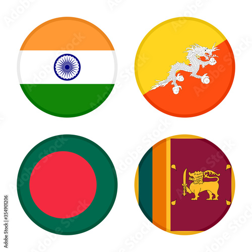 set of round icons flags. india, bhutan, bangladesh and sri lanka flags, isolated on white background 