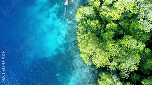 Young man ocean gliding with a Subwing in Raja Ampat Indonesia island shore, Aerial top view tracking shot photo