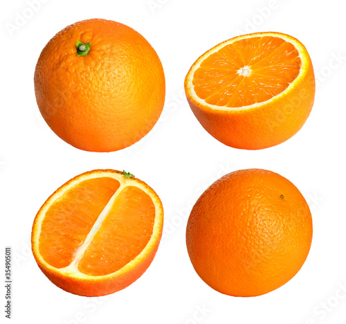Set of oranges isolated on white. Collection of whole and half orange fruits
