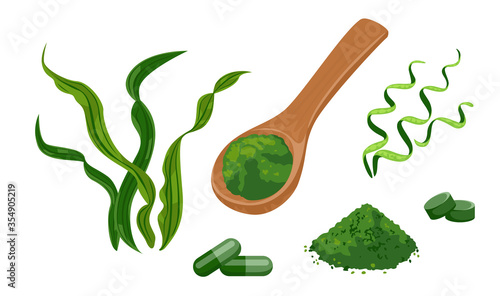 Spirulina set of vector illustrations. Wooden spoon with spirulina powder, seaweed pills isolated on white background. Dietary supplement in cartoon flat style.