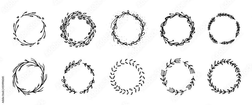 Hand drawn vector circular decorative elements set. Floral wreaths and frames doodle style