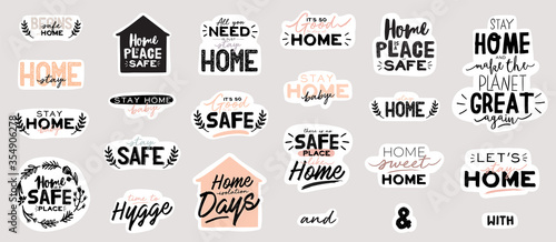Stay home illusrtation and lettering with Coronavirus messages. Protect from Covid-19 epidemic. Self-isolation and quarantine phrases for social media, banners, web, stickers, tags