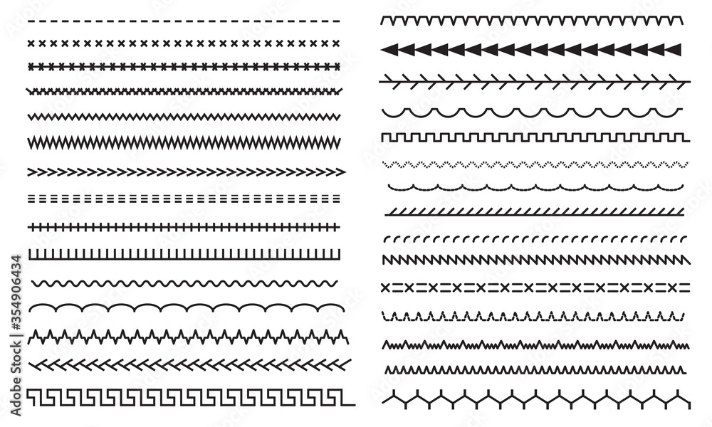 Stitched borders set. Illustration of sewing machine seams and embroidery sews stitch Stitched borders set. Illustration of sewing machine seams and embroidery sews stitch