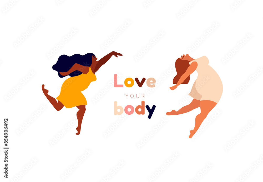 Happy women. Body positive banner. Love yourself, your body lettering type. Female freedom, girl power or international women's day vector illustration.