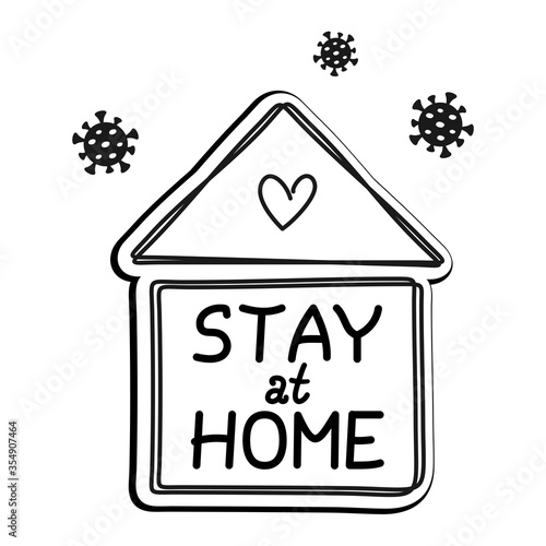 Stay at home hand lettering in the house with heart to reduce risk of infection and spreading the virus. Vector graphic image, icon. Quarantine or self-isolation, protection campaign from coronavirus