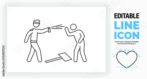 Editable line icon of police violence during a protest, part of a huge set of lien icons and stick figures! 
