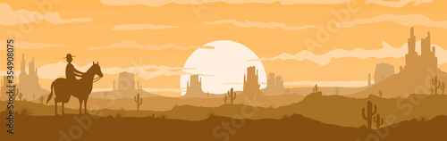 Vector illustration of sunset desert panoramic view with mountain, cowboy and cactus in flat cartoon style.