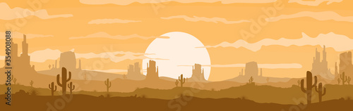 Vector illustration of sunset desert panoramic view with mountain and cactus in flat cartoon style. © prakasit