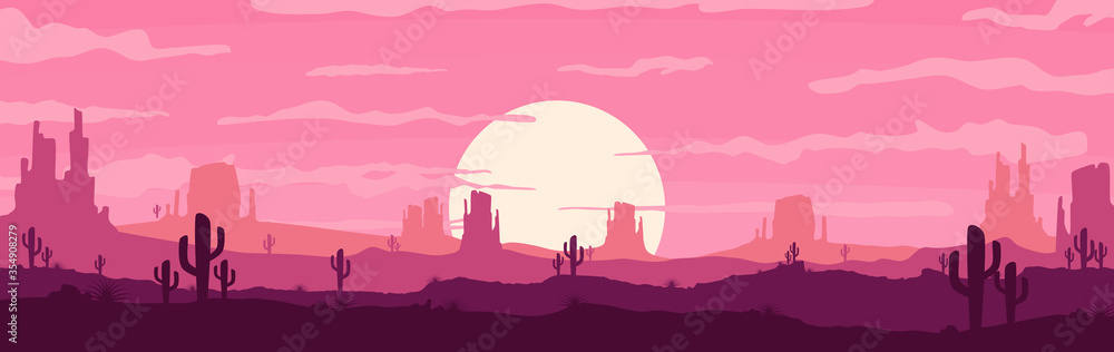 Vector illustration of sunset and twilight desert panoramic view with mountains, cowboy and cactus - flat cartoon style