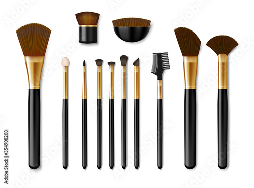 Set of Professional golden make up brushes isolated. Realistic cosmetic Powder Blush, Eye Shadow, Brush, eye shadow, foundation. Vector illustration