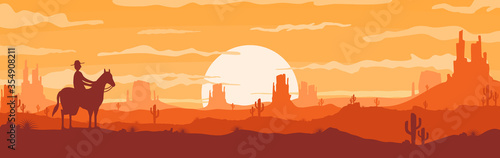 Vector illustration of sunset desert panoramic view with mountain, cowboy and cactus in flat cartoon style. © prakasit