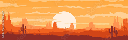 Vector illustration of sunset desert panoramic view with mountain and cactus in flat cartoon style. © prakasit