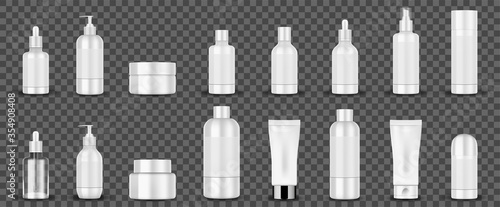 Blank white cosmetic tubes on transparent background. White cosmetic containers hand cream, shampoo, perfume, liquid soap, spray, lotion bottle. Vector