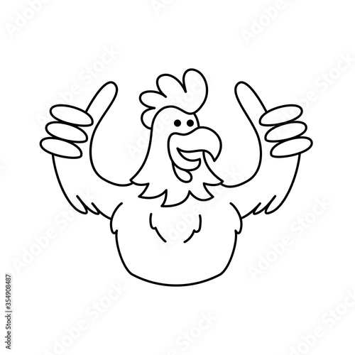 okay strong rooster chicken with thumb up gesture wing hand outline drawing illustration. preschool kids coloring book vector graphic