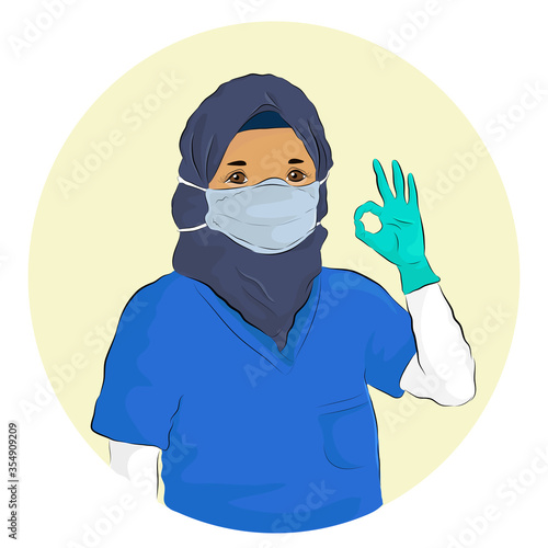 Vector illustration of a female muslim medical health staff wearing hijab posing ok, smiling, feeling strong and happy for fighting with coronavirus during  COVID-19 Pandemic Outbreak