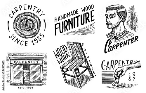Wooden labels set for Workshop or signboards. Woodworker carpenter man, joiner and furniture and chair. Vintage logo, Badges for typography or t-shirts. Hand Drawn engrave sketch.
