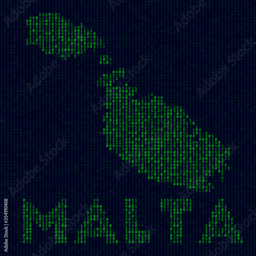 Digital Malta logo. Island symbol in hacker style. Binary code map of Malta with island name. Elegant vector illustration.