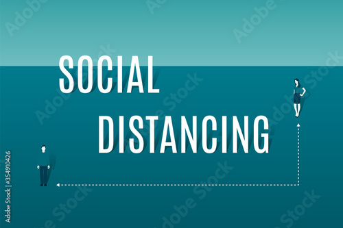 The concept of social distance, people, man and woman are standing far from each other. Vector illustration.