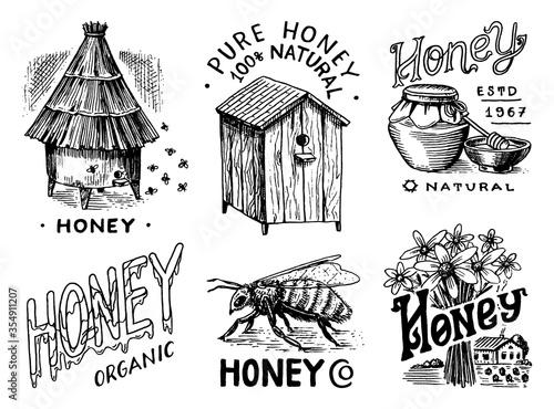 Honey and bees set. Honeycombs and hive and apiary. Vintage logo for typography, shop or signboards. Badge for t-shirts. Hand Drawn engrave sketch. Vector illustration.
