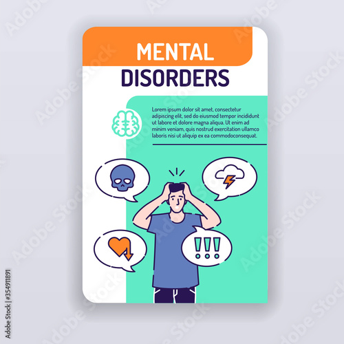 Mental disorders brochure template. Adult man in depressed cover design. Print design with linear illustrations cartoon character on a turquoise background