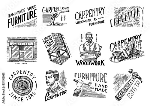 Wooden labels set for Workshop or signboards. Woodworker carpenter man, joiner and furniture. Hammer and chair. Vintage logo, Badges for typography or t-shirts. Hand Drawn engrave sketch.