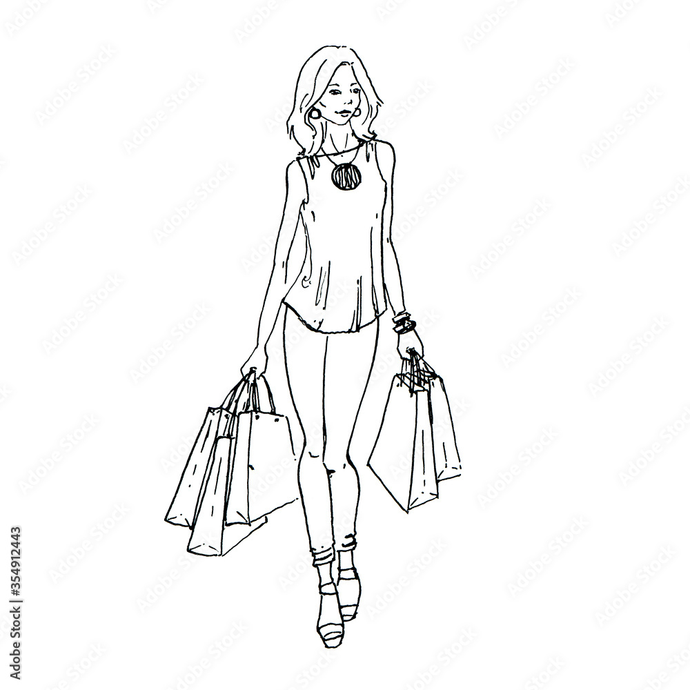 hand drawn painted graphic sketch of isolated beautiful young stylish woman with bags do shopping on white background