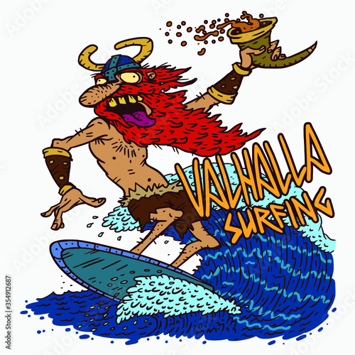 Brutal crazy cartoon Viking with beer surf on the crest of the wave and swims in Valhalla . Vector illustration print on a t-shirt logo surf club