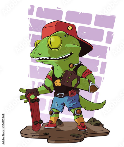 Character lizard teenager skateboarder in a cap and with a player. Illustration