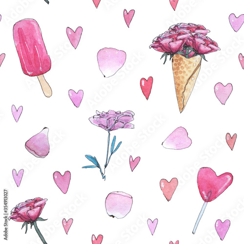 hand drawn painted watercolor seamless pattern of isolated sketch pink elements flowers sweets hearts on white background