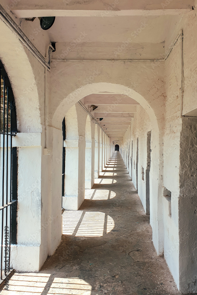 Long Corridor in Cellular Jail, Port Blair, Andaman Islands, India.