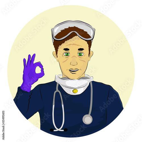 Vector illustration of a male doctor/health staff overworked, took his protective mask off, tired but happy during the fight against Coronavirus during COVID-19 Pandemic Outbreak