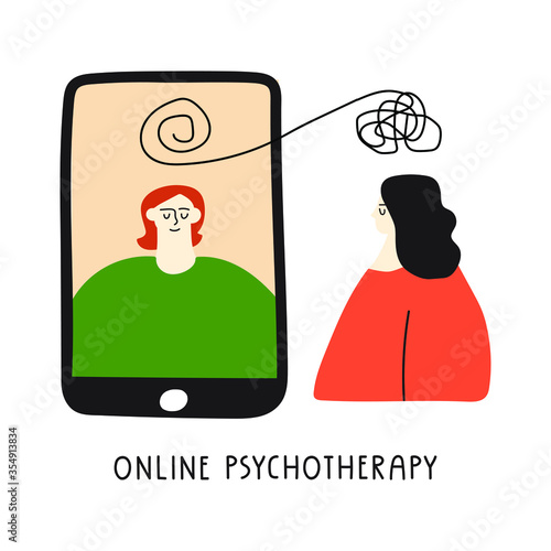 Online psychotherapy. Mental health concept. Illustration on white background.